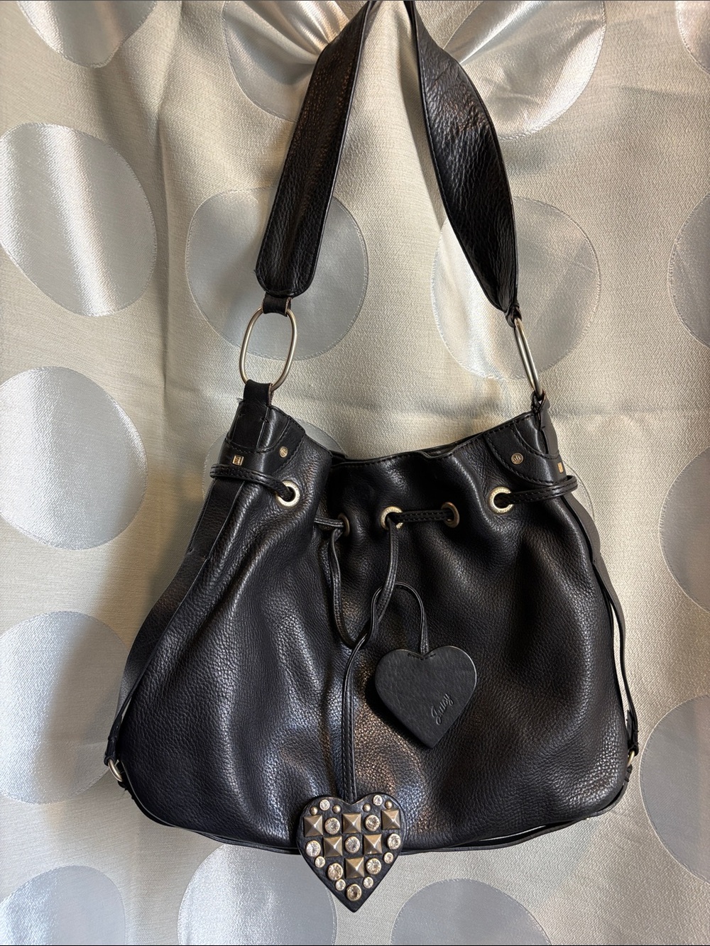 VTG Y2K Juicy Couture Black Leather Drawstring Hobo Bag With Studded Heart Charm
